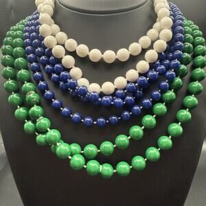Vintage 60s Hong Kong Mod Bead Layering Necklace Set Blue White Green
